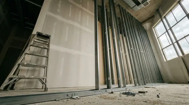 Parede de drywall alta em ambiente de pé-direito duplo, com um trecho já fechado e o vizinho aberto, mostrando os montantes metálicos alinhados.