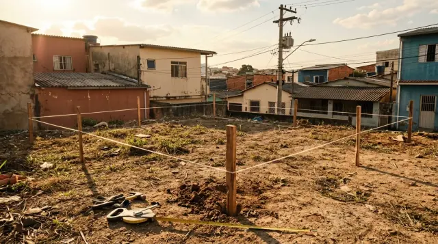 Terreno urbano vazio marcado por estacas de madeira e linha de náilon, desenhando um polígono de lados desiguais e sem ângulo reto.