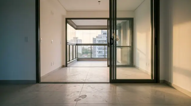 Sala de apartamento novo e vazio vista em direção à varanda envidraçada, com pegadas na poeira fina do piso.