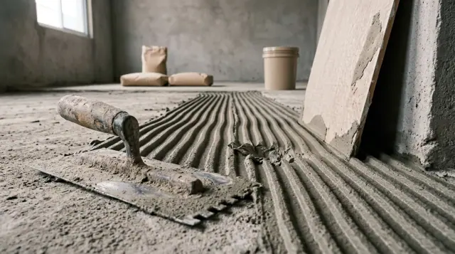 Desempenadeira dentada largada sobre o contrapiso de cimento ao lado dos cordões paralelos de argamassa colante recém-penteados.