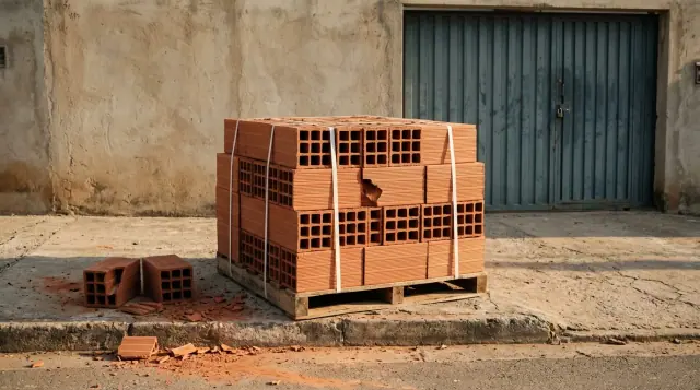 Palete de blocos cerâmicos de oito furos recém-descarregado na calçada, com dois blocos quebrados ao lado e cacos no meio-fio.