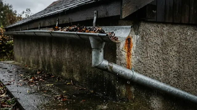 Calha de chapa galvanizada sob o beiral e condutor vertical descendo pela parede, ainda escorrendo água depois da chuva.