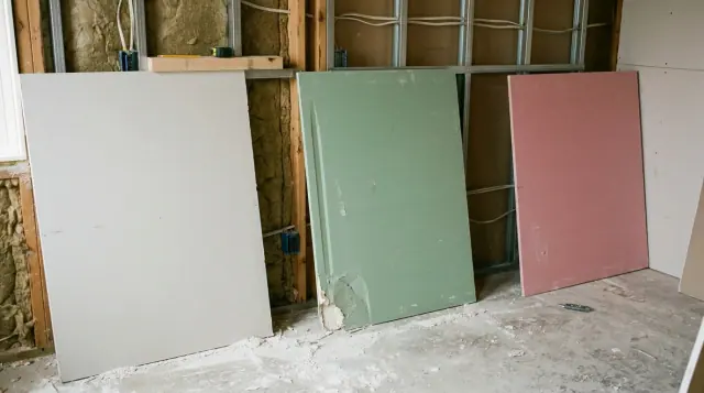 Três chapas de drywall encostadas na parede de uma obra, uma de papel cinza-claro, uma verde e uma rosa, com os cantos rebaixados à mostra.