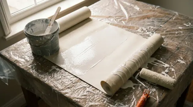 Rolo de papel de parede aberto sobre mesa forrada de plástico, com cola espalhada num trecho e o restante ainda seco.