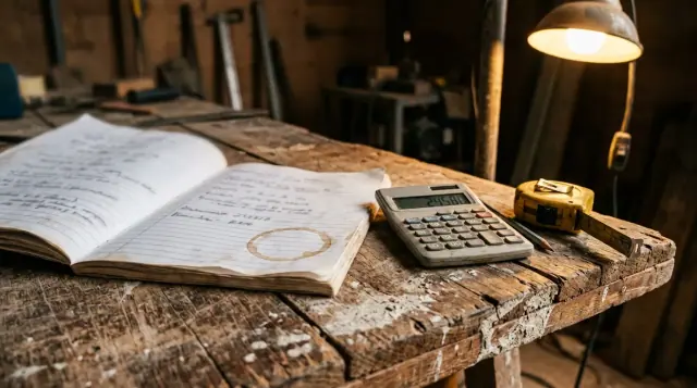 Caderno pautado com anotações a lápis, calculadora e trena sobre uma tábua de madeira que serve de bancada na obra.
