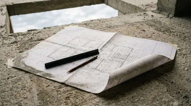 Prancha de planta baixa aberta sobre uma laje de concreto, com régua e lápis apoiados por cima e o canto da folha levantado.