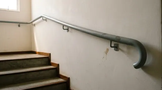 Corrimão tubular de aço correndo ao longo da parede de uma escada, preso por três suportes, com o arremate curvando de volta para a parede.