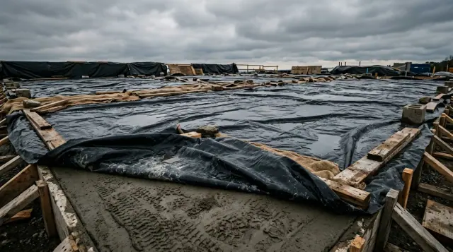 Laje de concreto recém-concretada coberta por lonas e mantas úmidas, com poças paradas por cima e sarrafos prendendo as bordas.