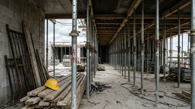 Pavimento em obra tomado por fileiras de escoras metálicas apoiando a laje recém-concretada.