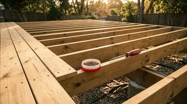 Deck de madeira em construção num quintal, com os barrotes paralelos já fixados e as primeiras réguas parafusadas na ponta.