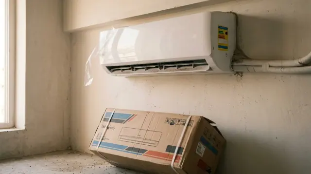 Unidade evaporadora de ar-condicionado split no alto da parede, com a etiqueta de consumo ainda colada na lateral e a caixa encostada abaixo.