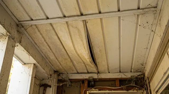 Forro de PVC de varanda com réguas amareladas de forma desigual e uma delas empenada, abrindo fresta na emenda.