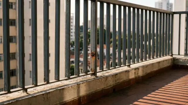 Guarda-corpo de sacada formado por barras verticais de aço com vãos estreitos e iguais, travadas por um corrimão superior.
