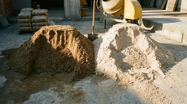 Dois montes de areia lado a lado no canteiro: o úmido, escuro e encorpado, e o seco, claro e esboroando, com uma pá espetada entre eles.