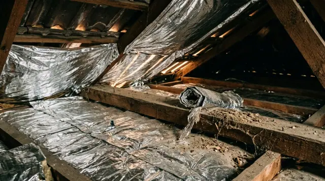 Mantas térmicas aluminizadas estendidas sobre o forro, vistas do vão entre o telhado e as terças de madeira.