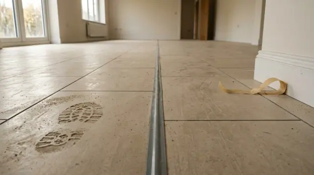 Junta de movimentação atravessando um grande pano de porcelanato num cômodo vazio, vista rente ao piso.