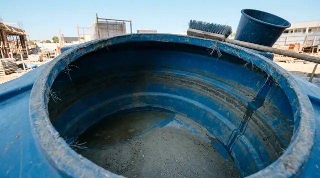 Interior de uma caixa d'água esvaziada, com sedimento no fundo e faixas de sujeira marcando os níveis onde a água ficou parada.