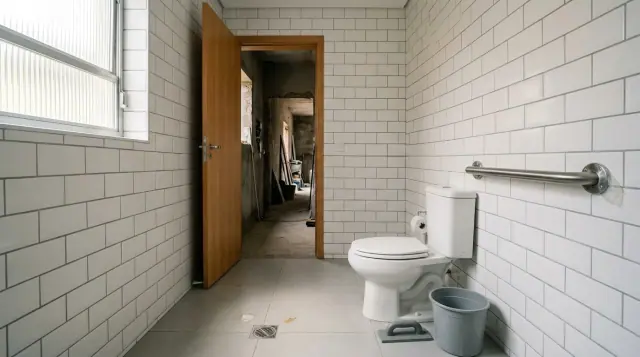 Banheiro residencial revestido de azulejo branco, com barra de apoio de aço inox fixada ao lado do vaso e porta larga aberta.