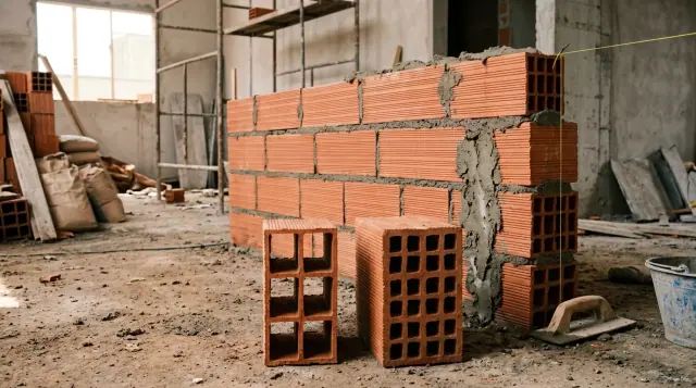 Dois blocos cerâmicos em pé diante de uma parede pela metade: um de vedação, de septos finos, e um estrutural, de paredes internas mais grossas.