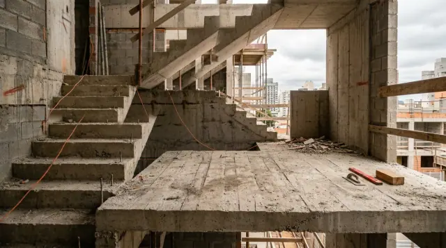 Patamar intermediário de escada de concreto em obra, com um lance chegando por um lado e o seguinte saindo em sentido oposto.