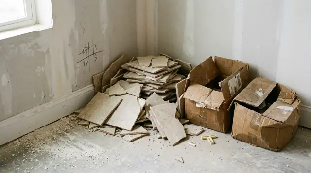 Pilha de recortes e cacos de porcelanato no canto de um cômodo em obra, ao lado de caixas de papelão vazias.