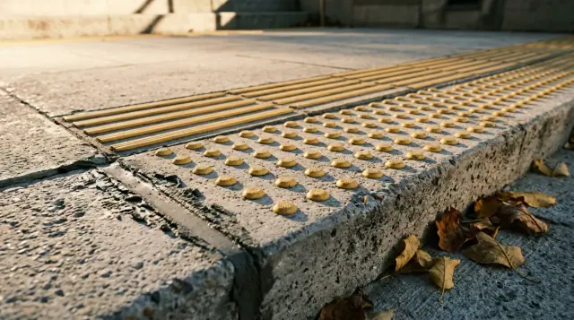Faixa de piso tátil de alerta e faixa direcional em placas de concreto no topo de uma escada externa, sob luz rasante.