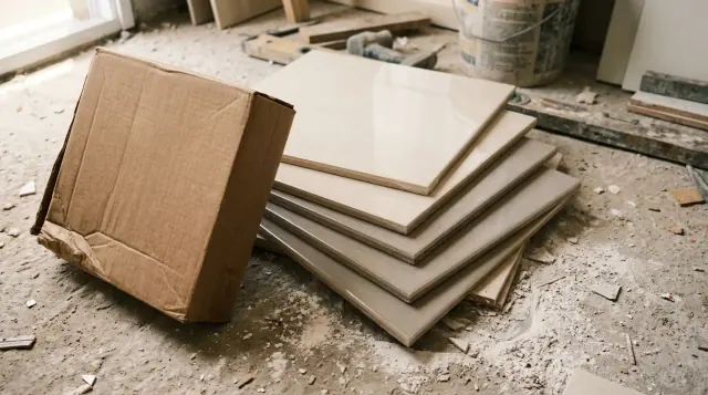 Peças de porcelanato sobrepostas em leque no chão da obra, mostrando as bordas retificadas e a diferença de tonalidade entre elas.