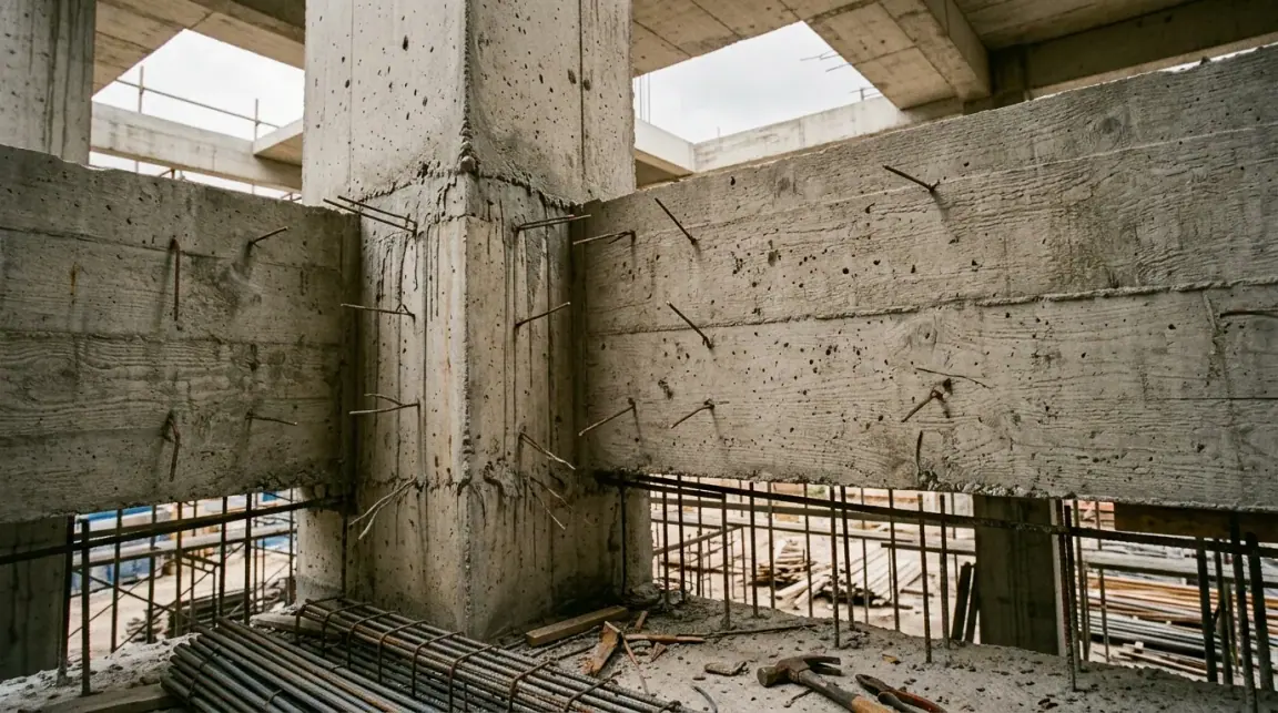 Encontro entre pilar e viga de concreto armado numa estrutura em obra, com as formas recém-retiradas e a marca das tábuas no concreto.