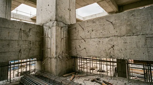 Encontro entre pilar e viga de concreto armado numa estrutura em obra, com as formas recém-retiradas e a marca das tábuas no concreto.