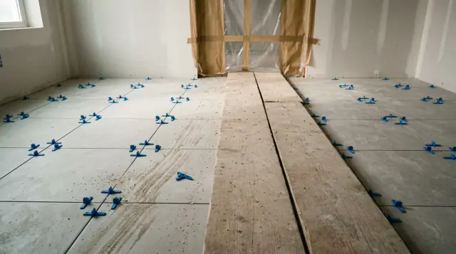 Piso de porcelanato recém-assentado com espaçadores nas juntas e tábuas de circulação apoiadas por cima.
