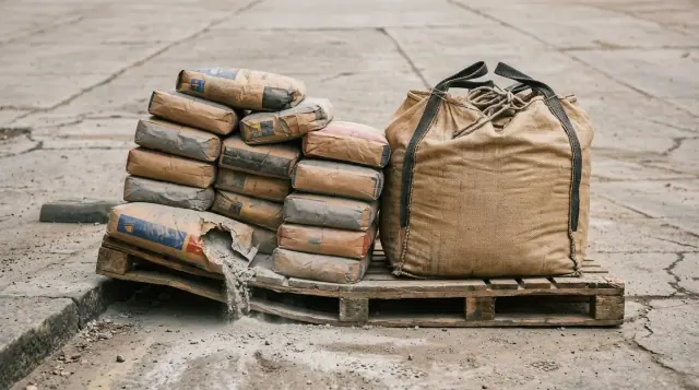 Big bag de areia e pilha de sacos de cimento sobre um estrado de madeira na calçada, com um saco rasgado escapando pó.