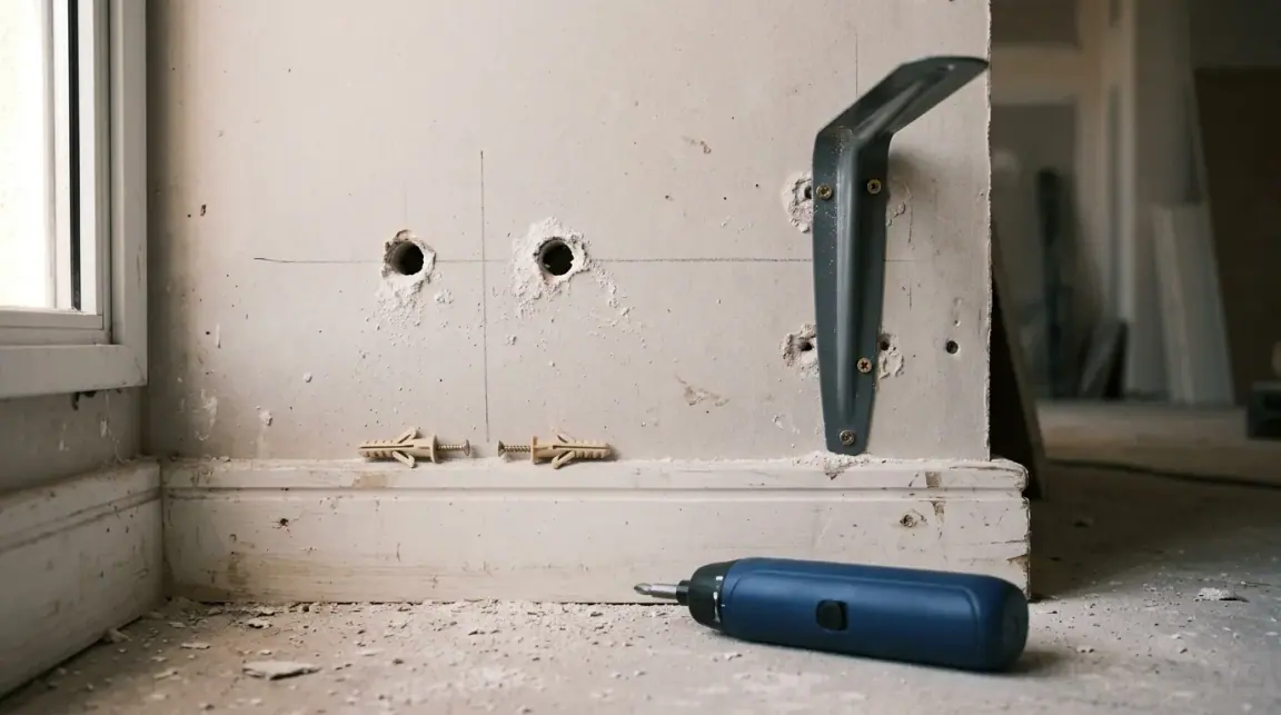 Parede de drywall com dois furos abertos, buchas de expansão apoiadas no rodapé e um suporte metálico parafusado na chapa.