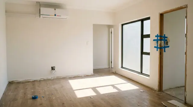 Cômodo vazio com evaporadora de split no alto da parede e janela larga deixando entrar sol direto, que desenha o retângulo de luz no piso.
