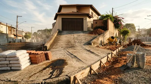 Rampa de garagem de concreto subindo da rua até o portão de um sobrado, com a quebra entre os planos marcada por riscos de para-choque.