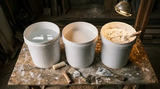 Três baldes brancos abertos numa bancada, com líquido transparente, líquido leitoso e massa espessa, ao lado de rolo, trincha e espátula.