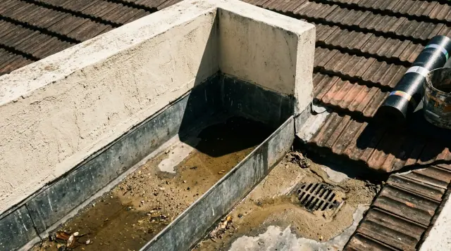 Telhado embutido atrás de uma platibanda, com a calha interna correndo entre a alvenaria e a primeira fileira de telhas.