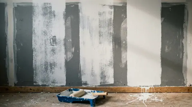 Parede com faixas verticais de tinta branca aplicadas sobre fundo cinza, cada uma com um grau diferente de cobertura.