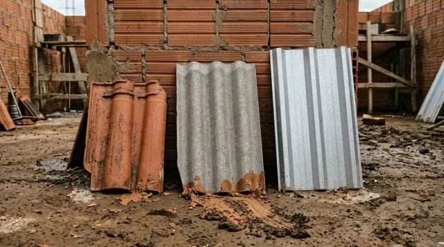 Telha cerâmica colonial, telha ondulada de fibrocimento e telha metálica trapezoidal encostadas lado a lado numa parede de bloco.