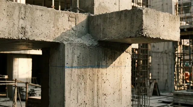Região de apoio de uma viga de concreto sobre o topo de um pilar, com a sombra marcando exatamente o trecho apoiado.
