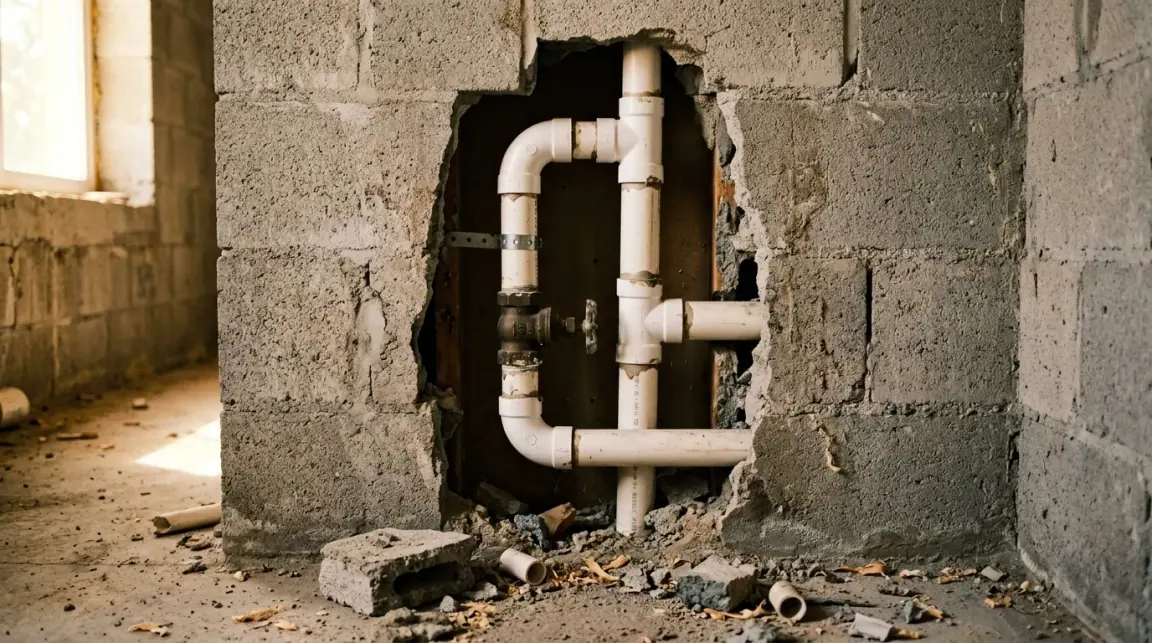 Tubulação de PVC branco aparente dentro de um rasgo aberto na alvenaria, com registro, joelhos e tê ainda sem fechamento.