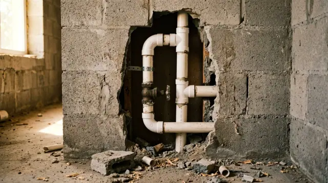 Tubulação de PVC branco aparente dentro de um rasgo aberto na alvenaria, com registro, joelhos e tê ainda sem fechamento.